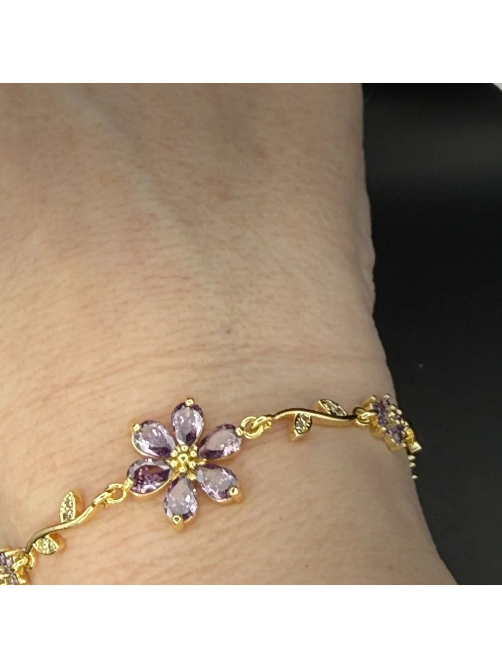 candy+clover lilac amethyst sakura vine crystal station gold tone bracelet